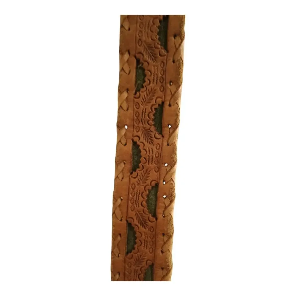 Vintage Brown & Green Leather Belt Hand Tooling Made in Mexico Men's Size 36-41